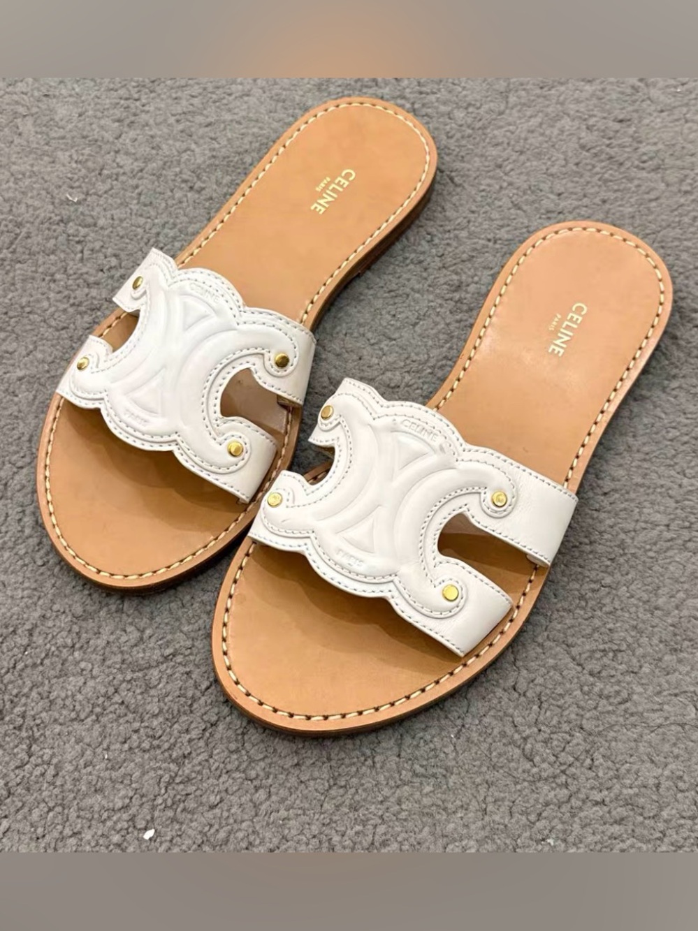 Celine White Leather Scalloped Slide Sandals